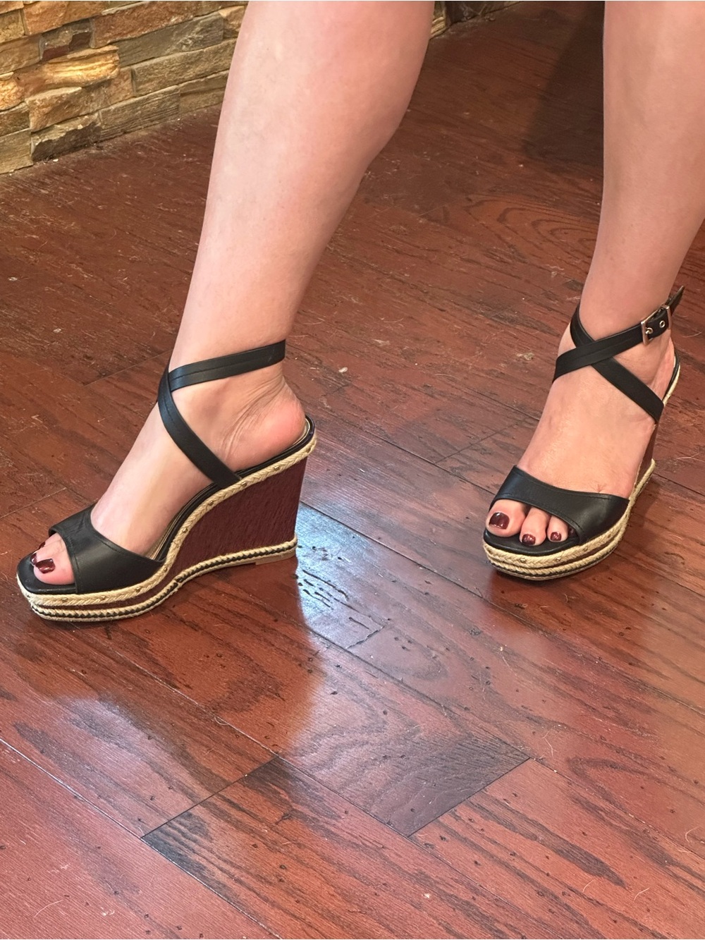 White House Black Market Black Leather Cross-Strap Wedge Sandals